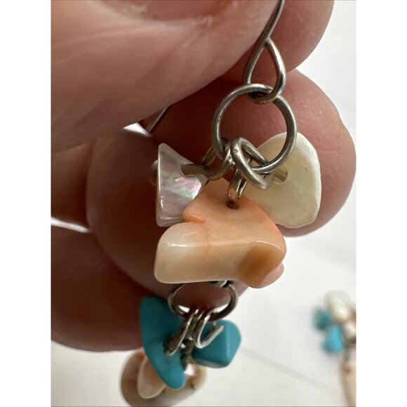 Silver Tone Natural Stone Shell Conch  Coral Dyed Howlite Dangle Earrings 2.5” - Picture 5 of 14